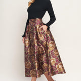 Flying Tomato Evening Botanicals Woven Full Midi Skirt in burgundy