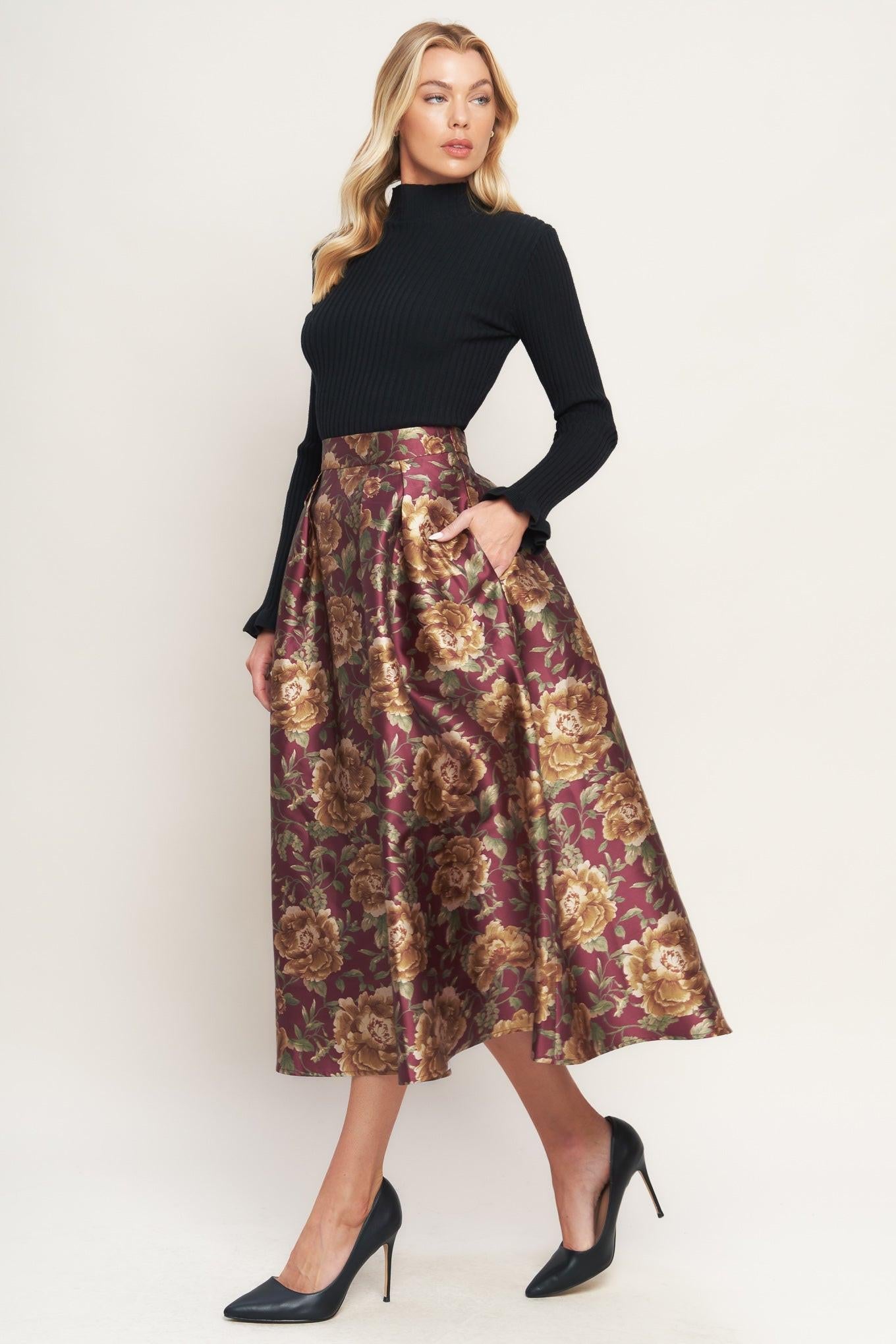 Flying Tomato Evening Botanicals Woven Full Midi Skirt in burgundy