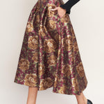 Flying Tomato Evening Botanicals Woven Full Midi Skirt in burgundy