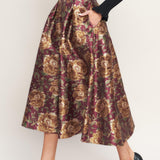 Flying Tomato Evening Botanicals Woven Full Midi Skirt in burgundy