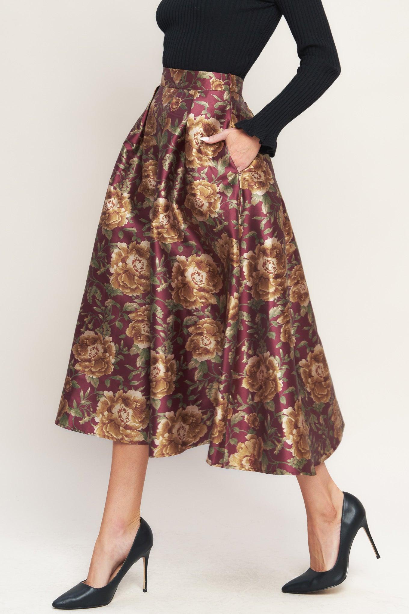 Flying Tomato Evening Botanicals Woven Full Midi Skirt in burgundy
