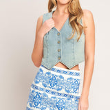 BLUE PORCELAIN WOVEN MINI SKIRT