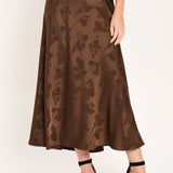 CHOCOLATE FLORAL WOVEN JACQUARD MIDI SKIRT