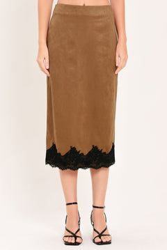 Flying Tomato Umber Lace Afterglow Faux Suede Straight Skirt in brown