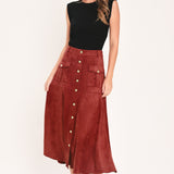 RUSTIC ROMANCE BRICK FAUX SUEDE BUTTON-FRONT MIDI SKIRT