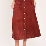 RUSTIC ROMANCE BRICK FAUX SUEDE BUTTON-FRONT MIDI SKIRT