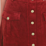 RUSTIC ROMANCE BRICK FAUX SUEDE BUTTON-FRONT MIDI SKIRT