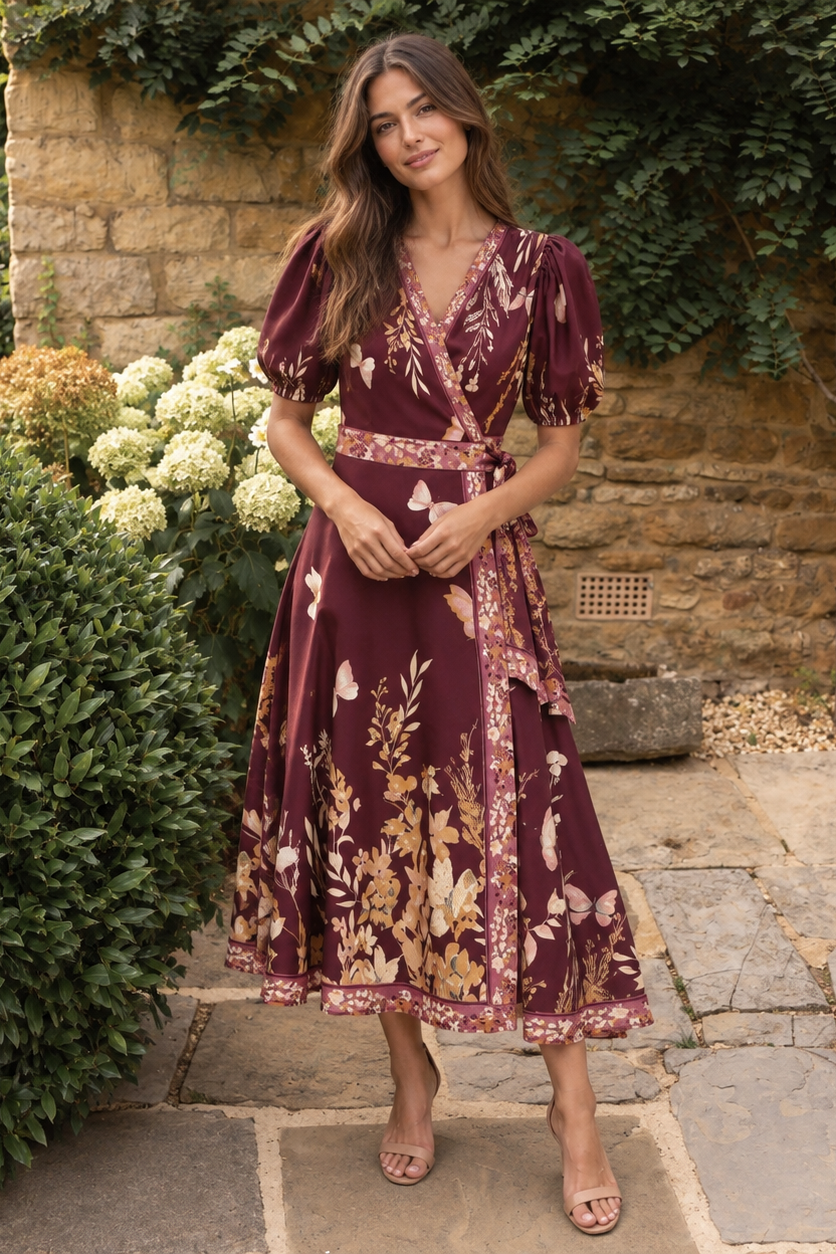 Flying Tomato Plum Garden Enchantment Woven Midi Dress in burgundy and mustard