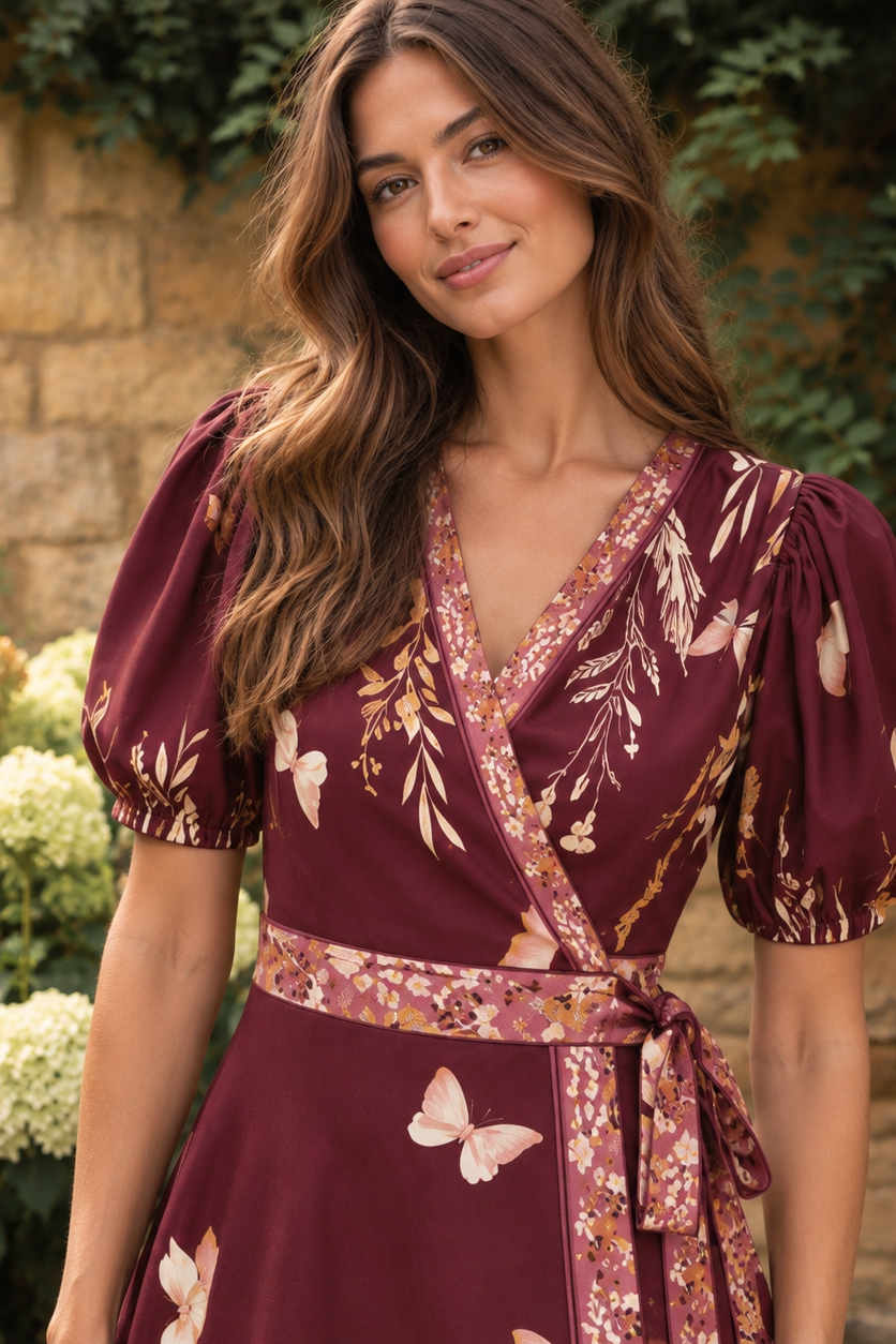 Flying Tomato Plum Garden Enchantment Woven Midi Dress in burgundy and mustard