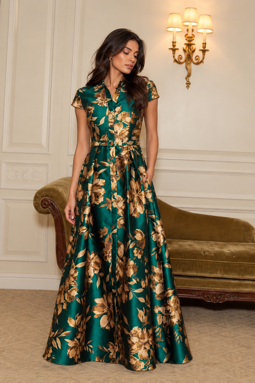 Flying Tomato Emerald Golden Bloom Woven Maxi Dress in dark teal