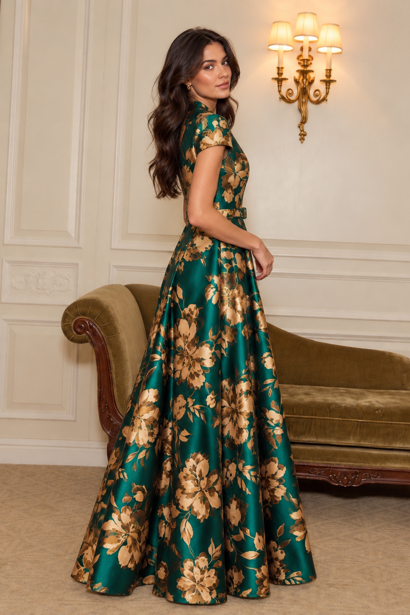 Flying Tomato Emerald Golden Bloom Woven Maxi Dress in dark teal