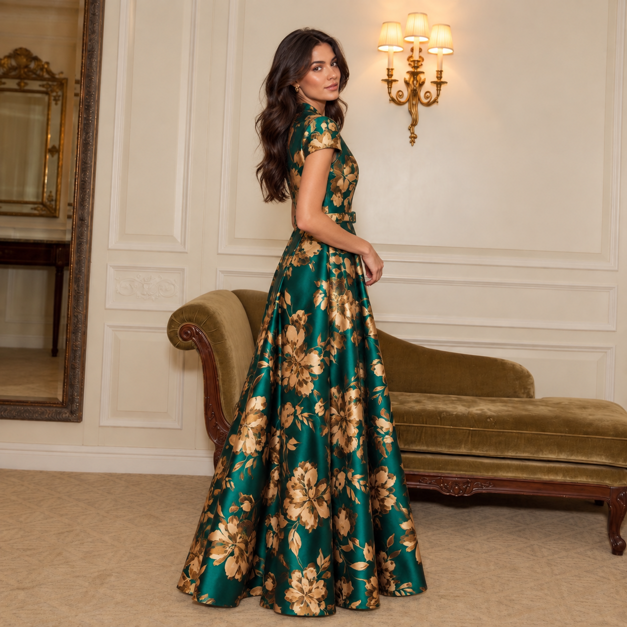 EMERALD GOLDEN BLOOM WOVEN MAXI DRESS