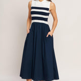 STRIPE ELEGANCE SWEATER WOVEN MIDI DRESS