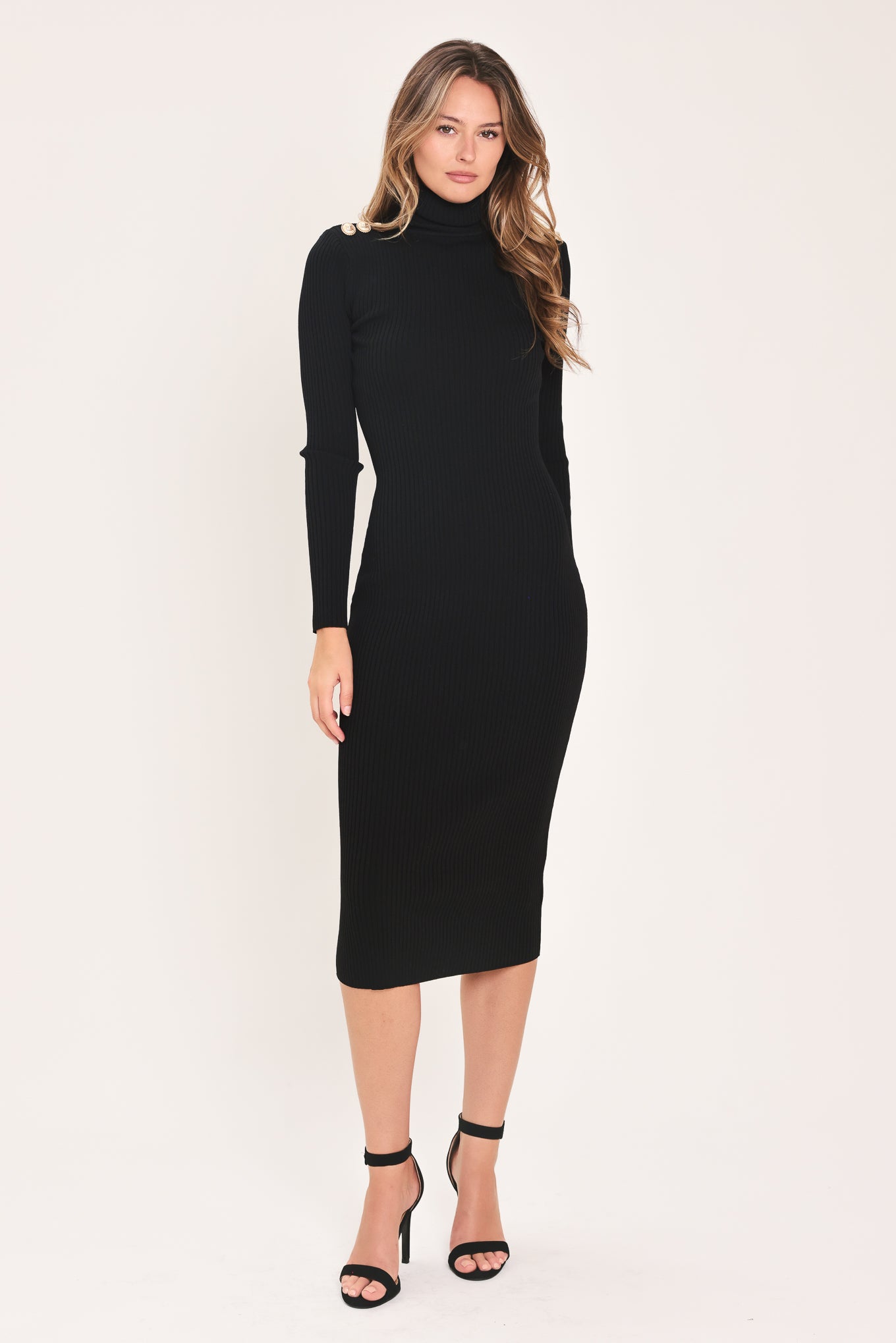 Flying Tomato Polished Moments Turtleneck Sweater Midi Dress in black