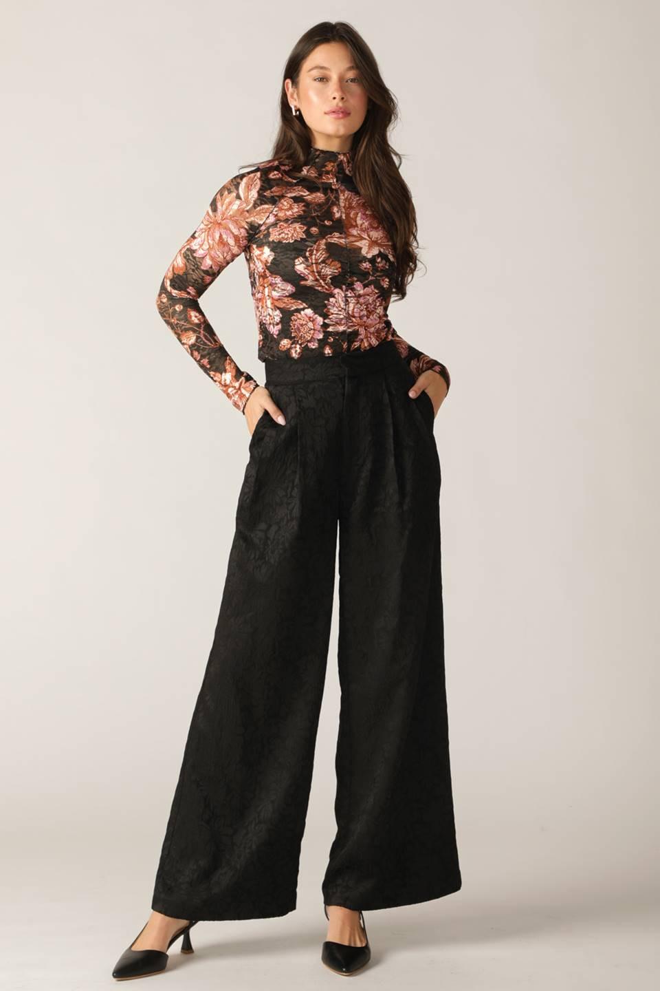 Flying Tomato Fireside Chats Stretch Lace Top in black taupe