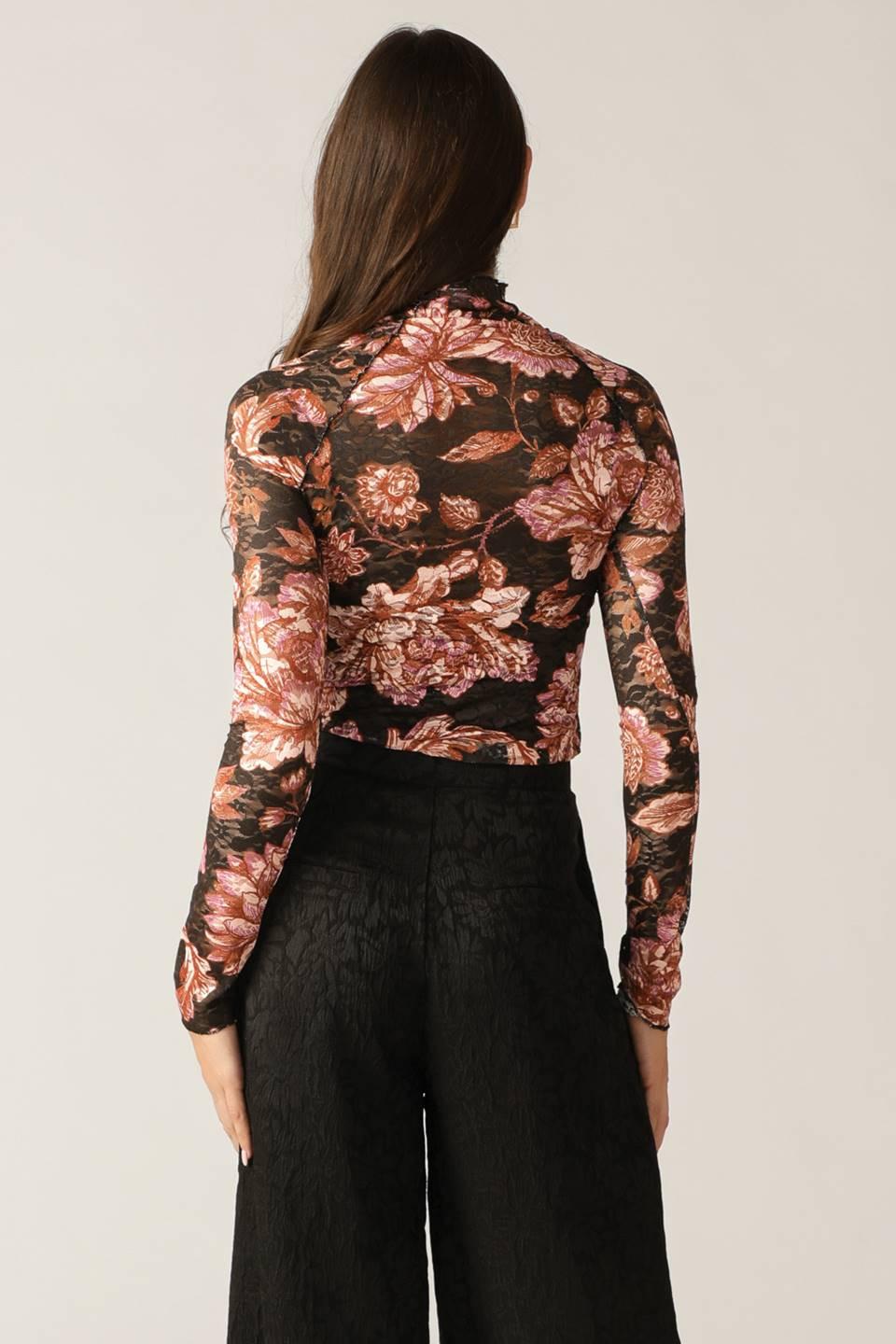 Flying Tomato Fireside Chats Stretch Lace Top in black taupe