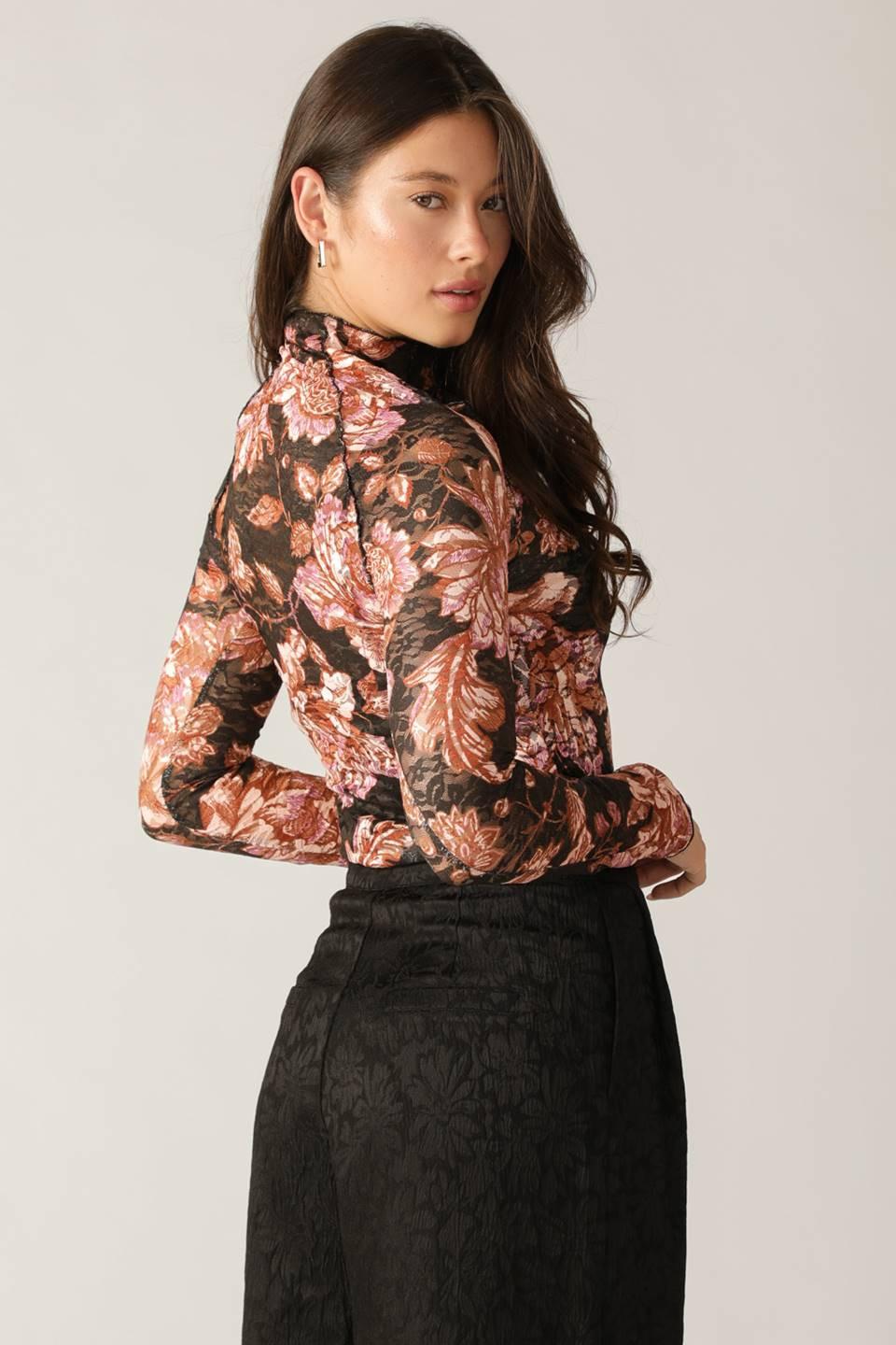 Flying Tomato Fireside Chats Stretch Lace Top in black taupe