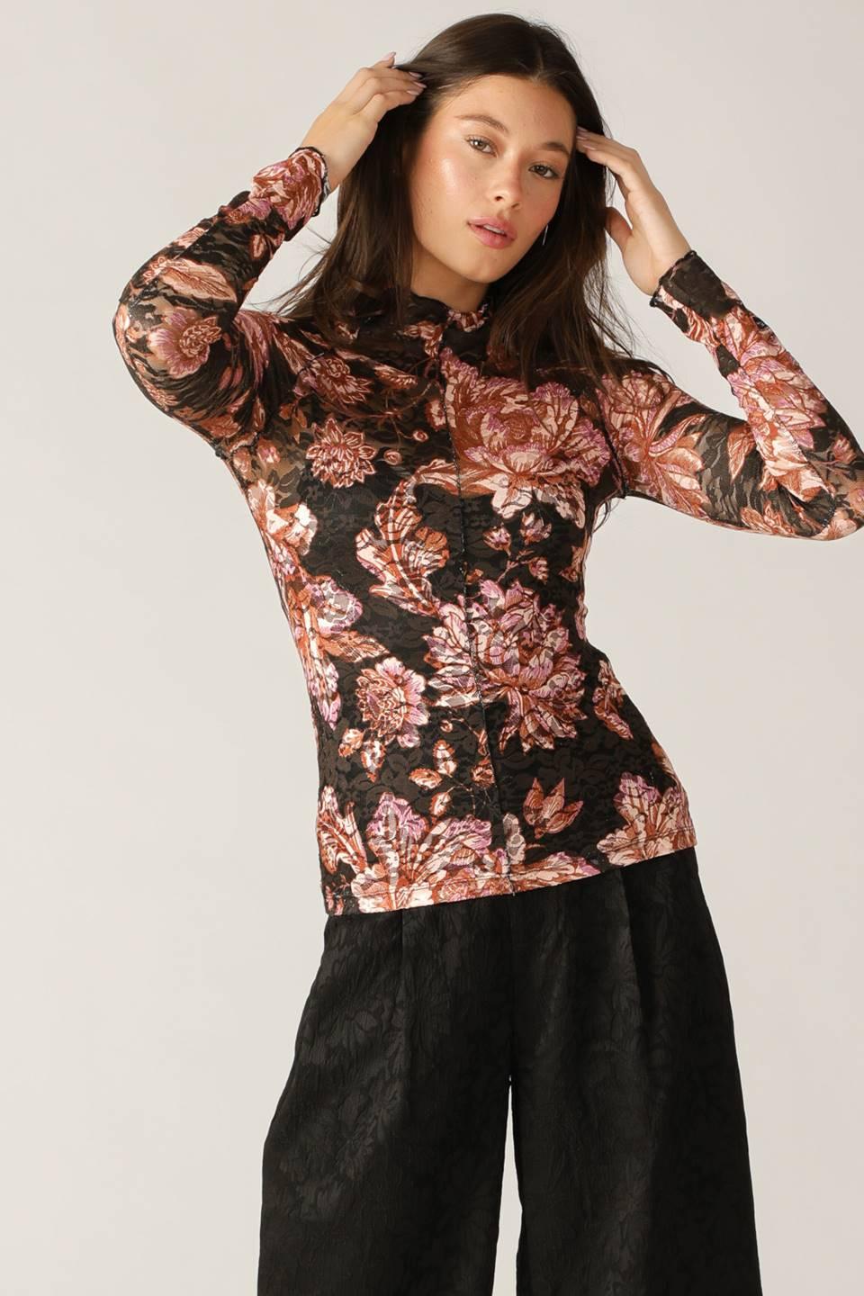 Flying Tomato Fireside Chats Stretch Lace Top in black taupe