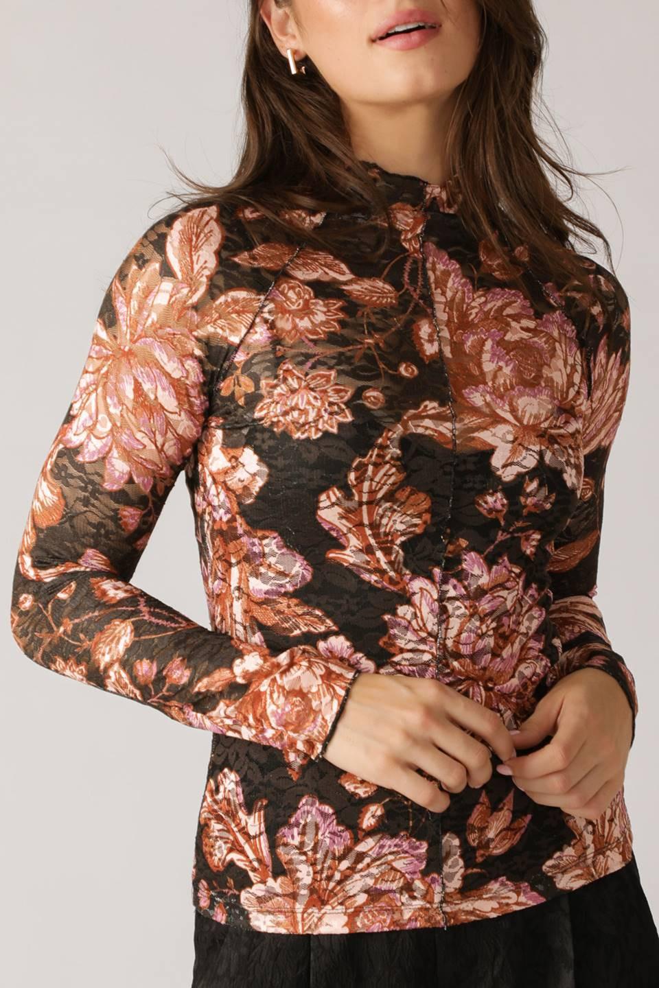 Flying Tomato Fireside Chats Stretch Lace Top in black taupe