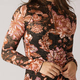 Flying Tomato Fireside Chats Stretch Lace Top in black taupe