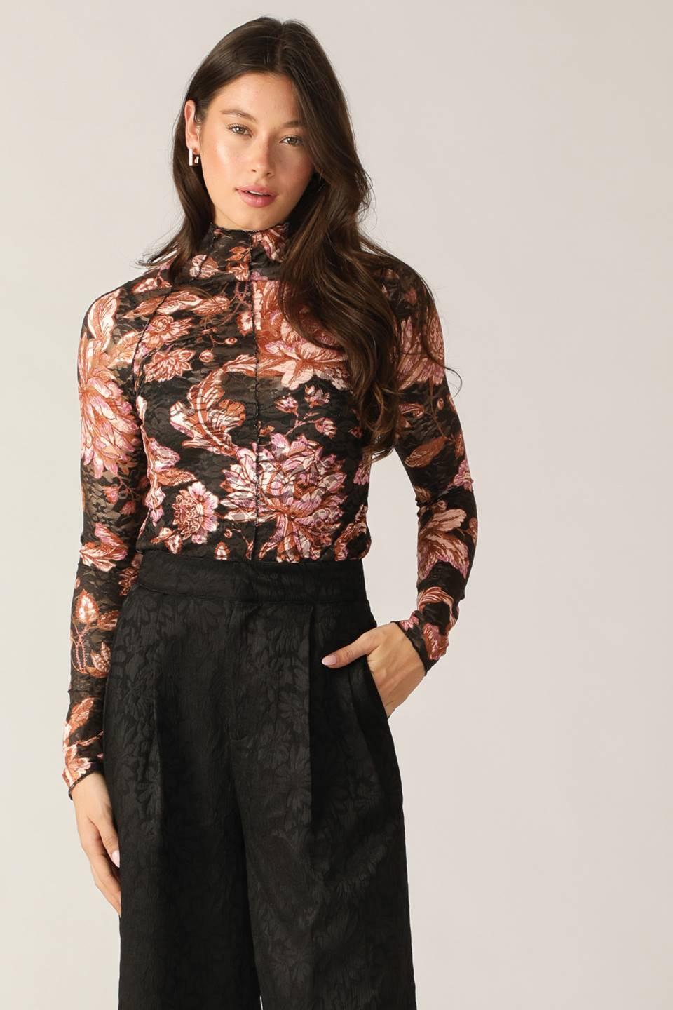 Flying Tomato Fireside Chats Stretch Lace Top in black taupe