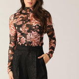 Flying Tomato Fireside Chats Stretch Lace Top in black taupe