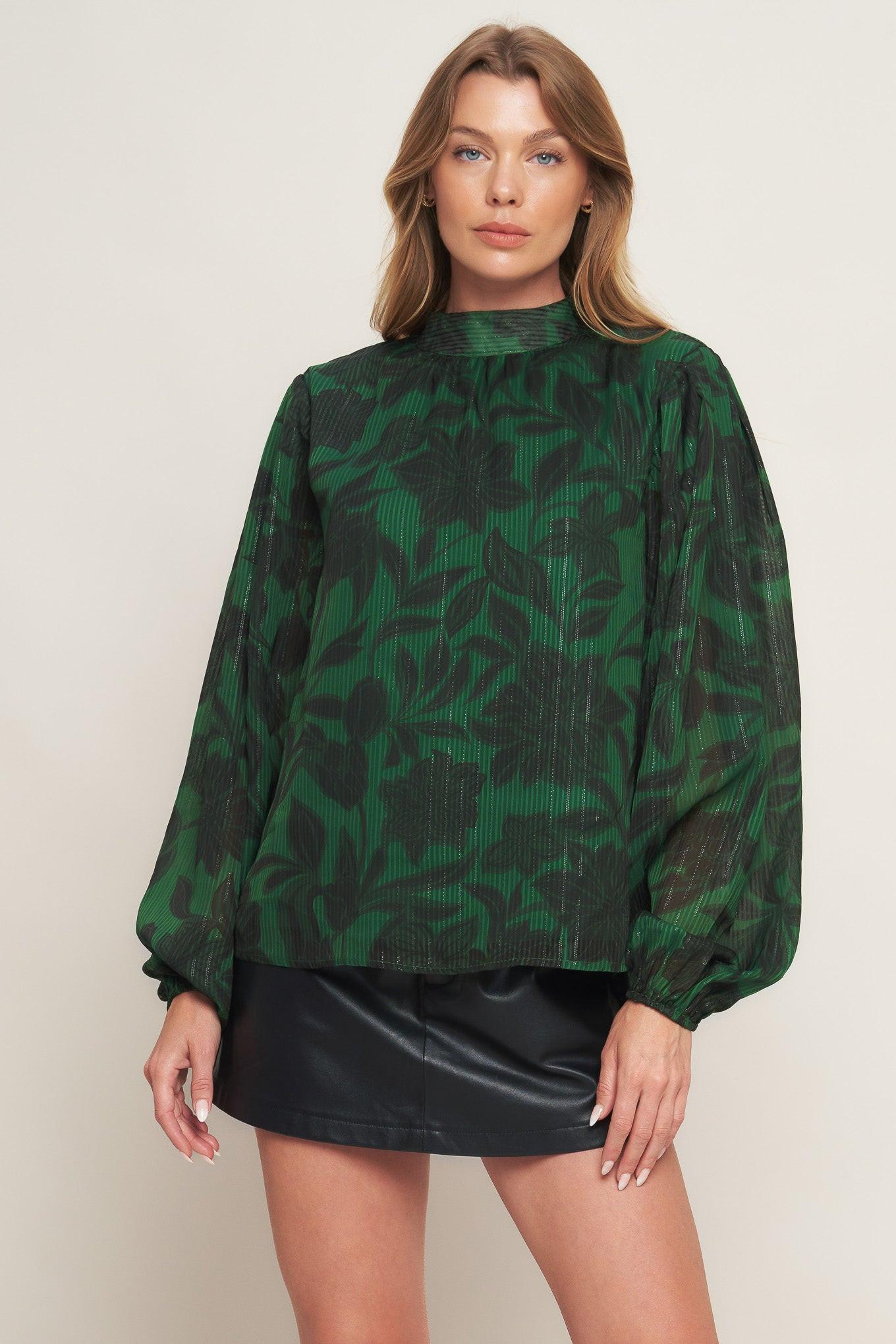 Flying Tomato Noir Leaf Green Woven Top in green/black