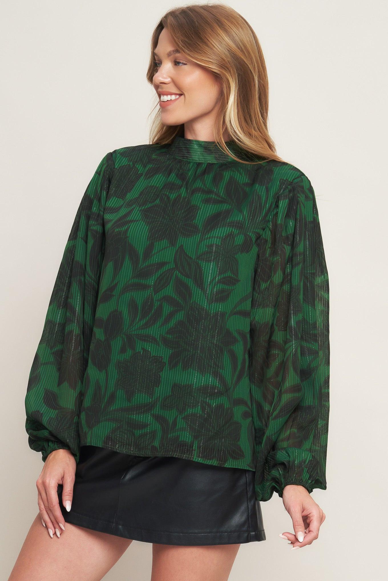 Flying Tomato Noir Leaf Green Woven Top in green/black