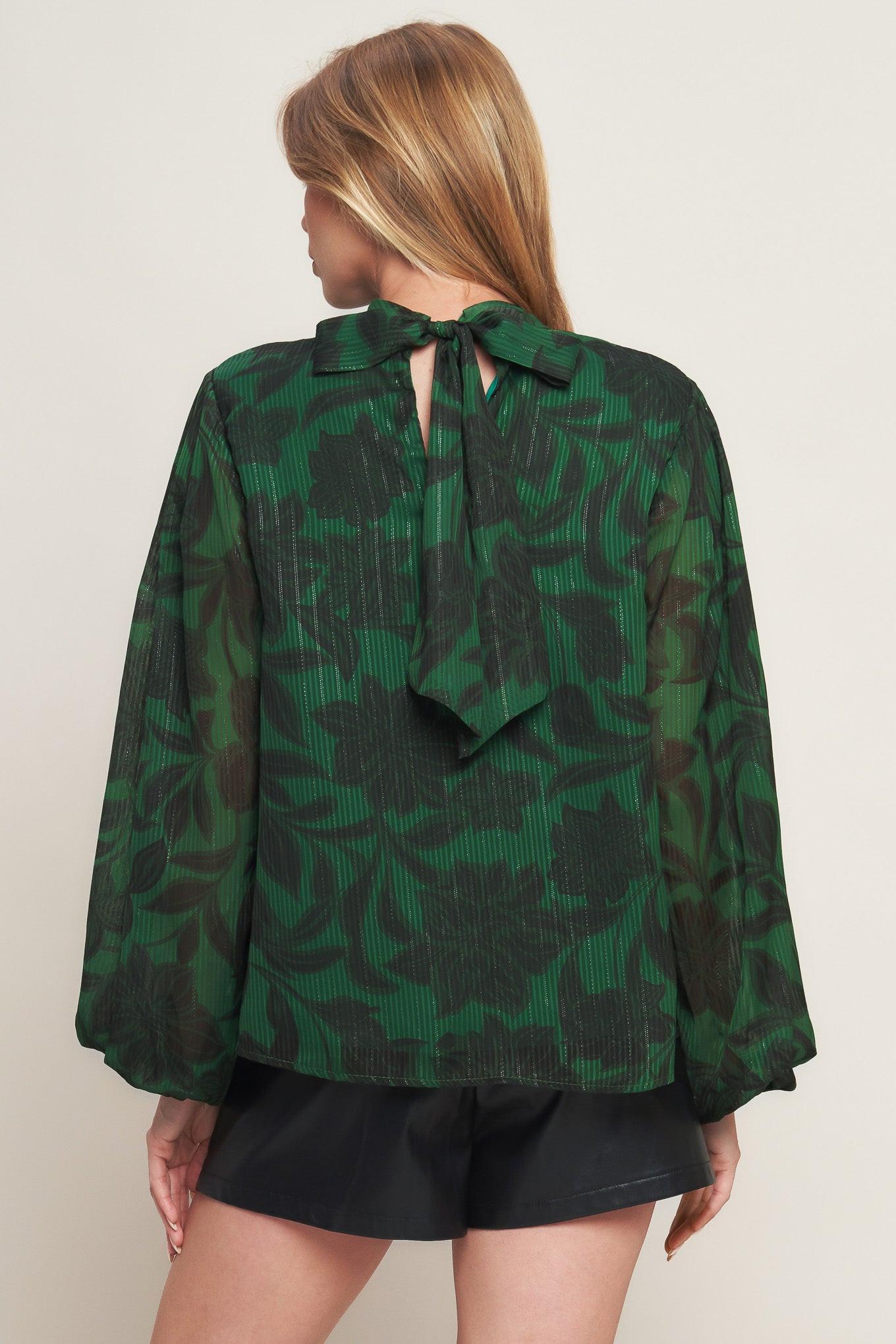 Flying Tomato Noir Leaf Green Woven Top in green/black