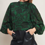 Flying Tomato Noir Leaf Green Woven Top in green/black