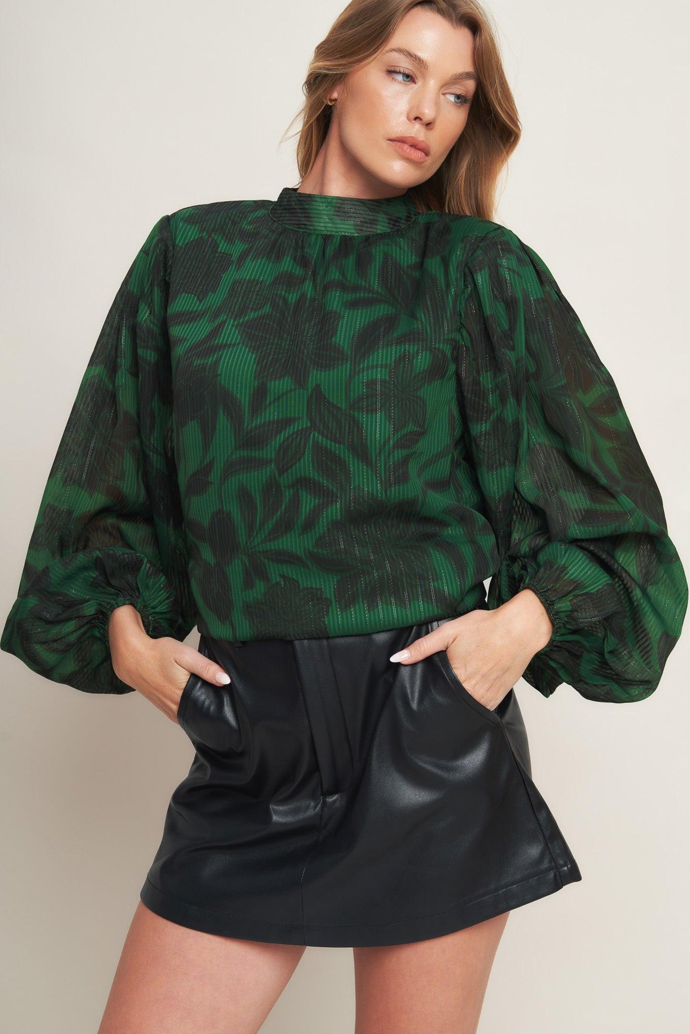 Flying Tomato Noir Leaf Green Woven Top in green/black
