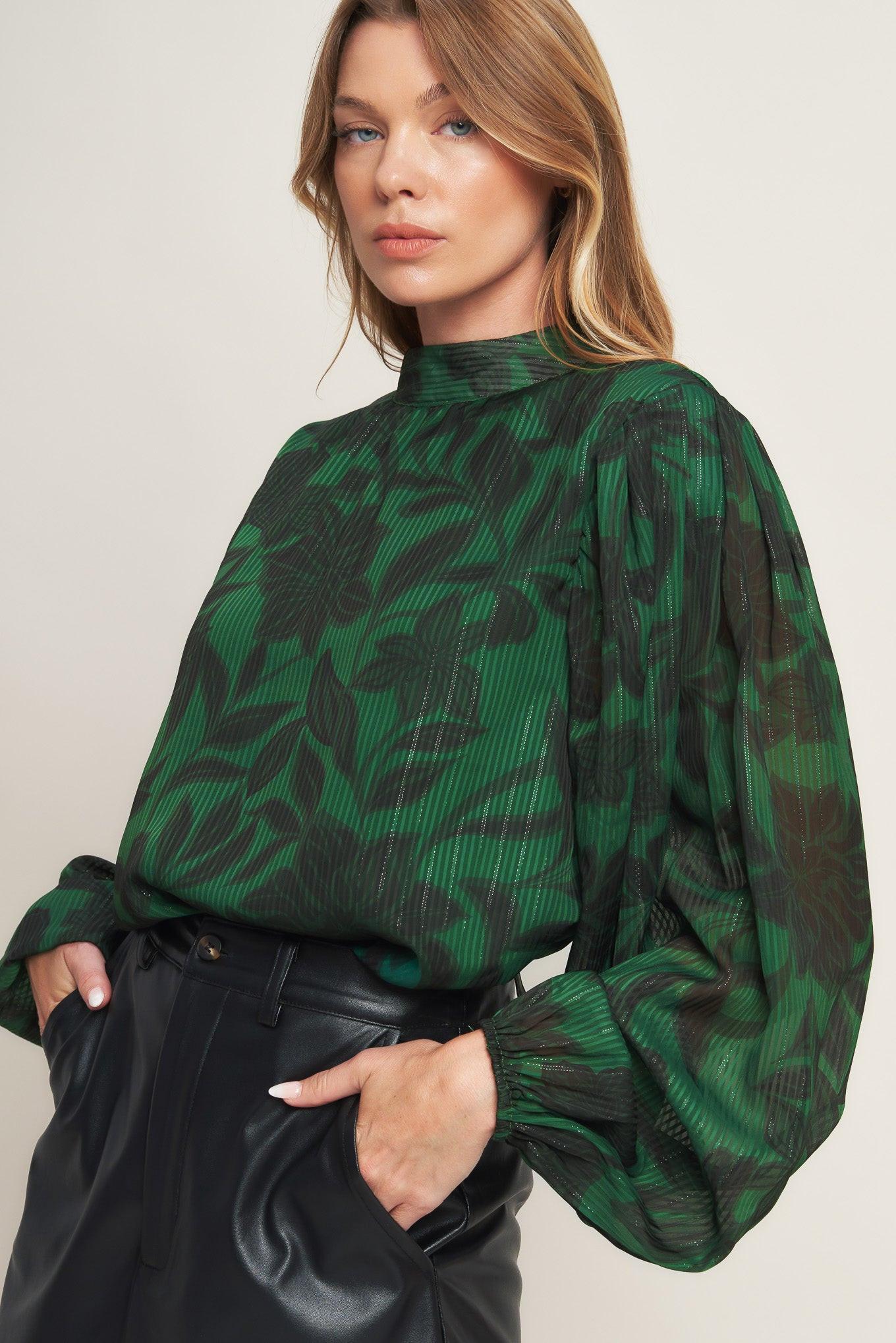 Flying Tomato Noir Leaf Green Woven Top in green/black