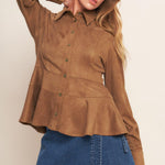 Flying Tomato Refined Impression Faux Suede Top in caramel