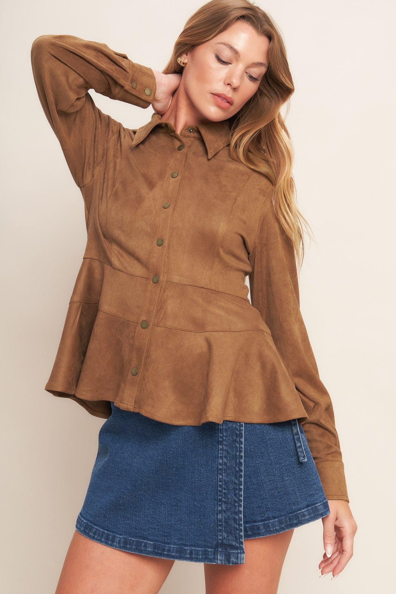 Flying Tomato Refined Impression Faux Suede Top in caramel