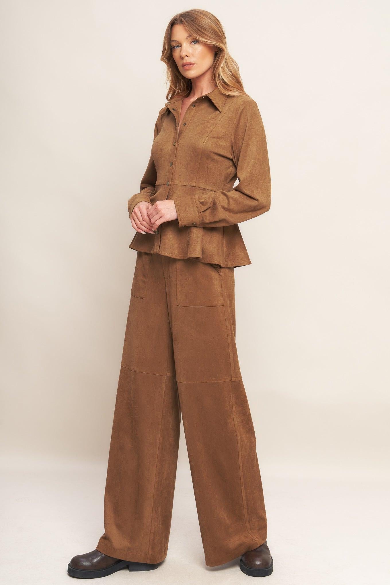 Flying Tomato Refined Impression Faux Suede Top in caramel