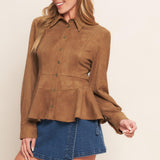 Flying Tomato Refined Impression Faux Suede Top in caramel
