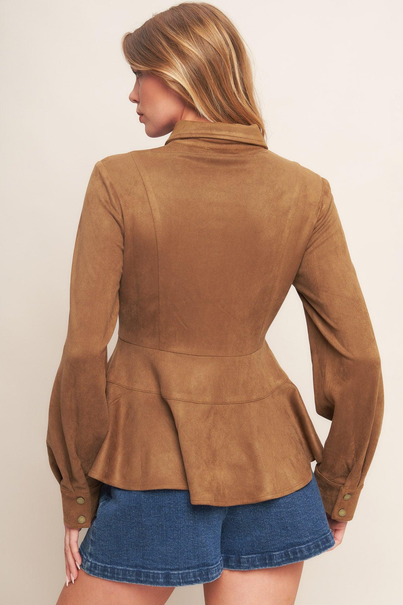Flying Tomato Refined Impression Faux Suede Top in caramel