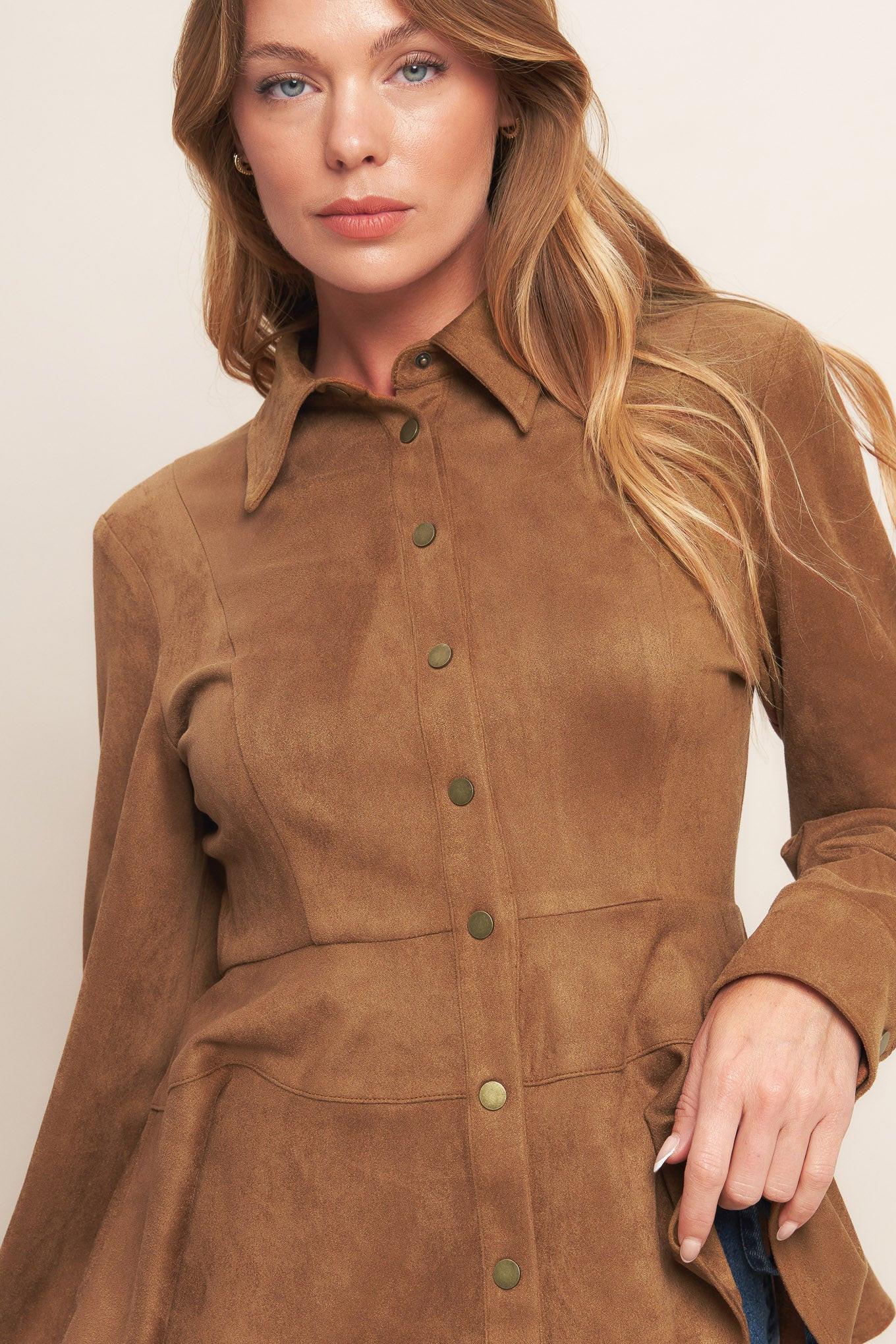 Flying Tomato Refined Impression Faux Suede Top in caramel