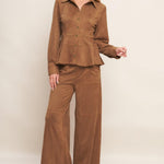 Flying Tomato Refined Impression Faux Suede Top in caramel