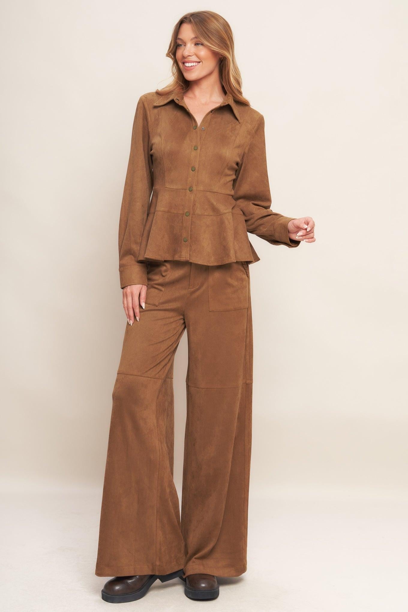 Flying Tomato Refined Impression Faux Suede Top in caramel