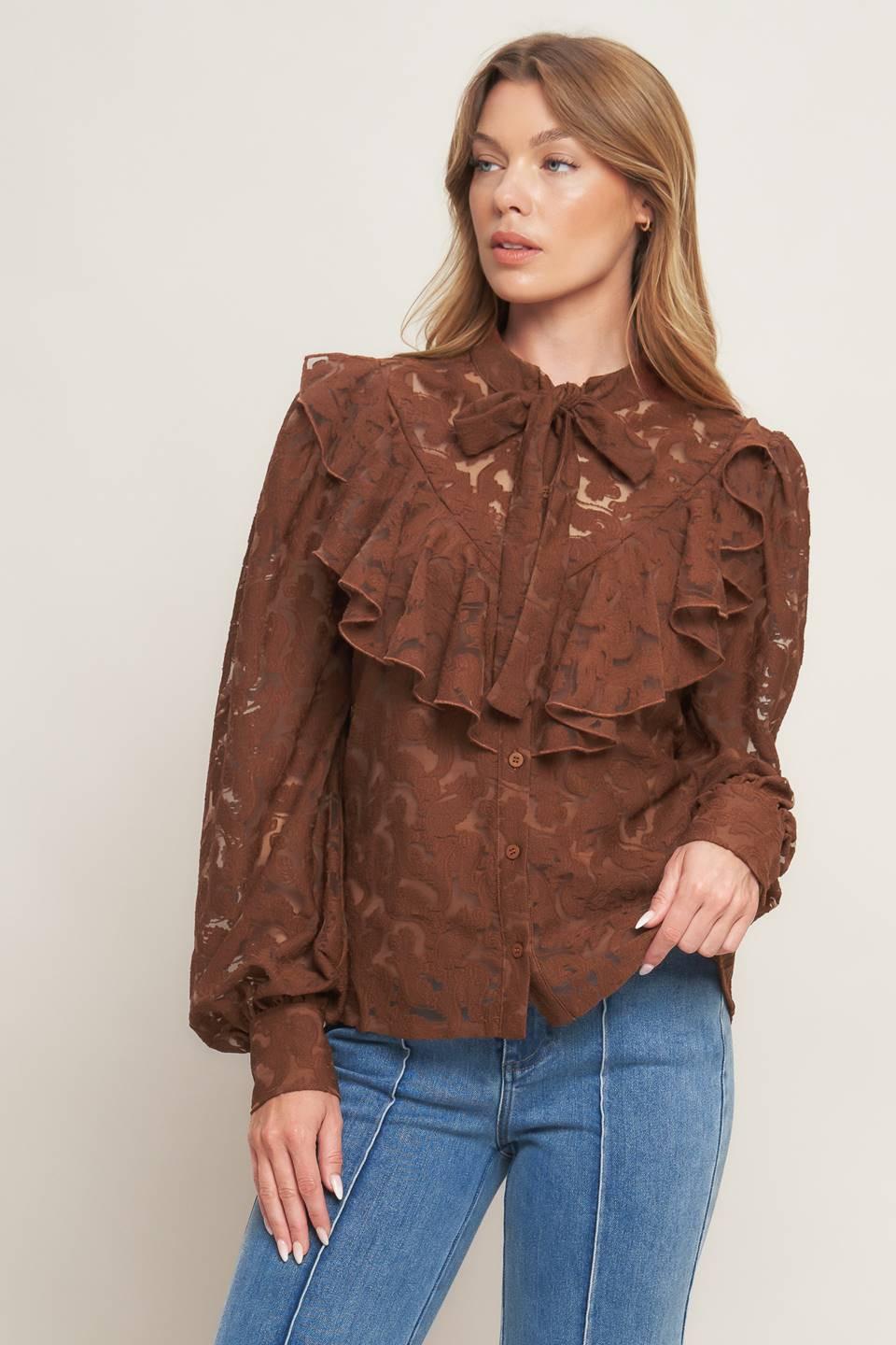 Flying Tomato Romantic Shade Woven Lace Top in brown