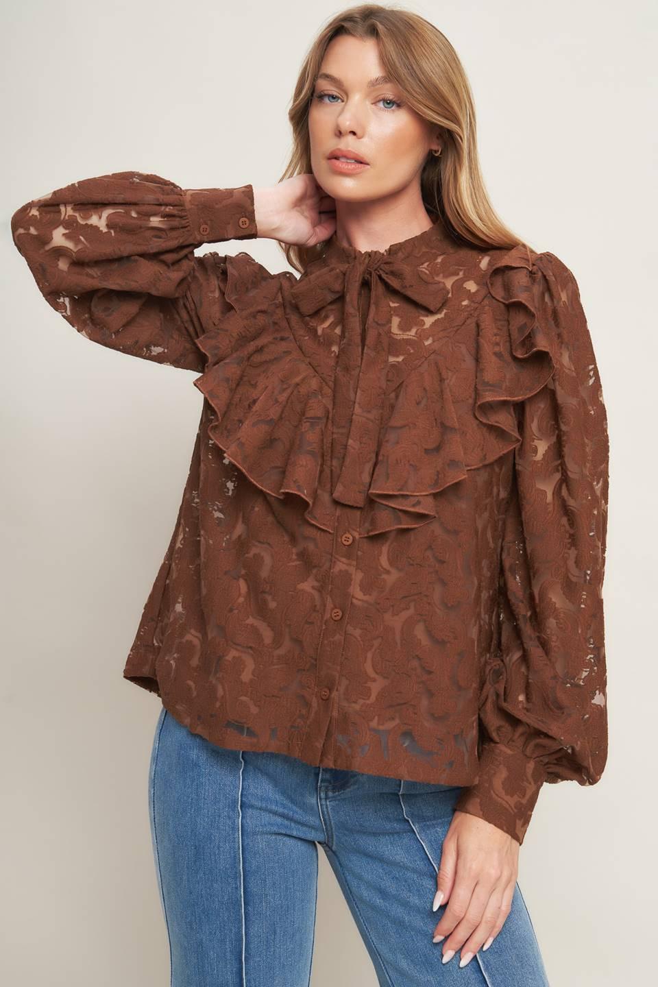 Flying Tomato Romantic Shade Woven Lace Top in brown