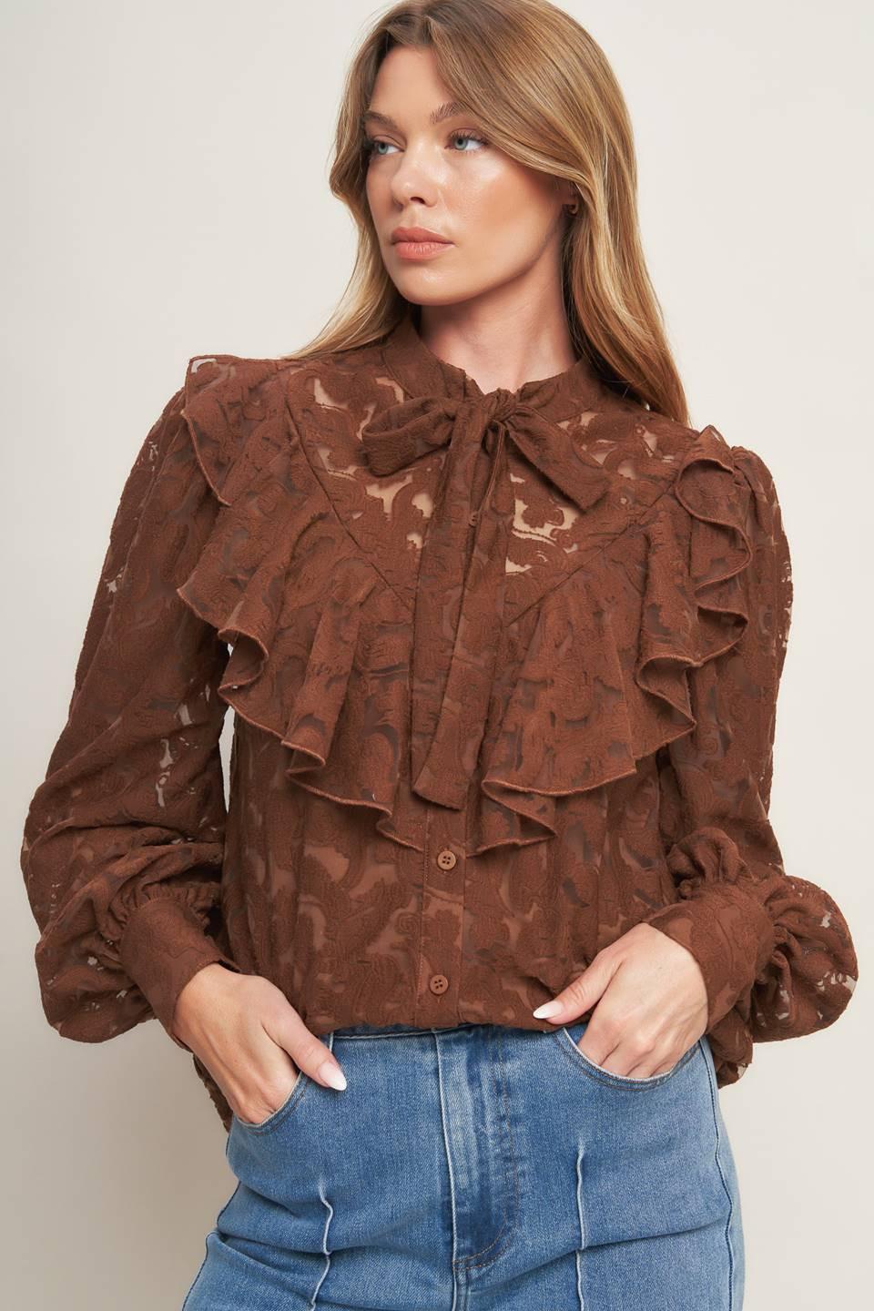 Flying Tomato Romantic Shade Woven Lace Top in brown