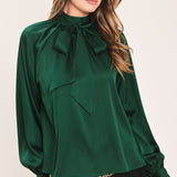 FOREST POISE HUNTER GREEN TIE-NECK RAGLAN TOP