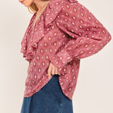 ROSE IKAT RUFFLE WOVEN TOP