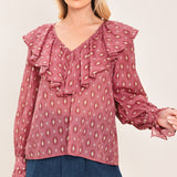 ROSE IKAT RUFFLE WOVEN TOP