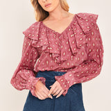 ROSE IKAT RUFFLE WOVEN TOP