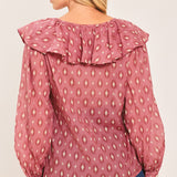 ROSE IKAT RUFFLE WOVEN TOP