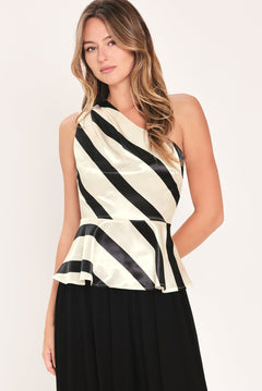 Flying Tomato Monochrome Moment Satin One-Shoulder Peplum Top in ivory/black