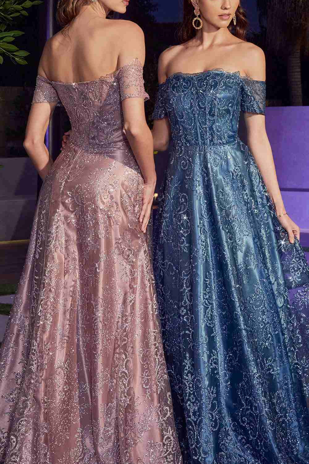 Ladivine J835 Floor Length Off the Shoulder A-line Glitter Print Gown